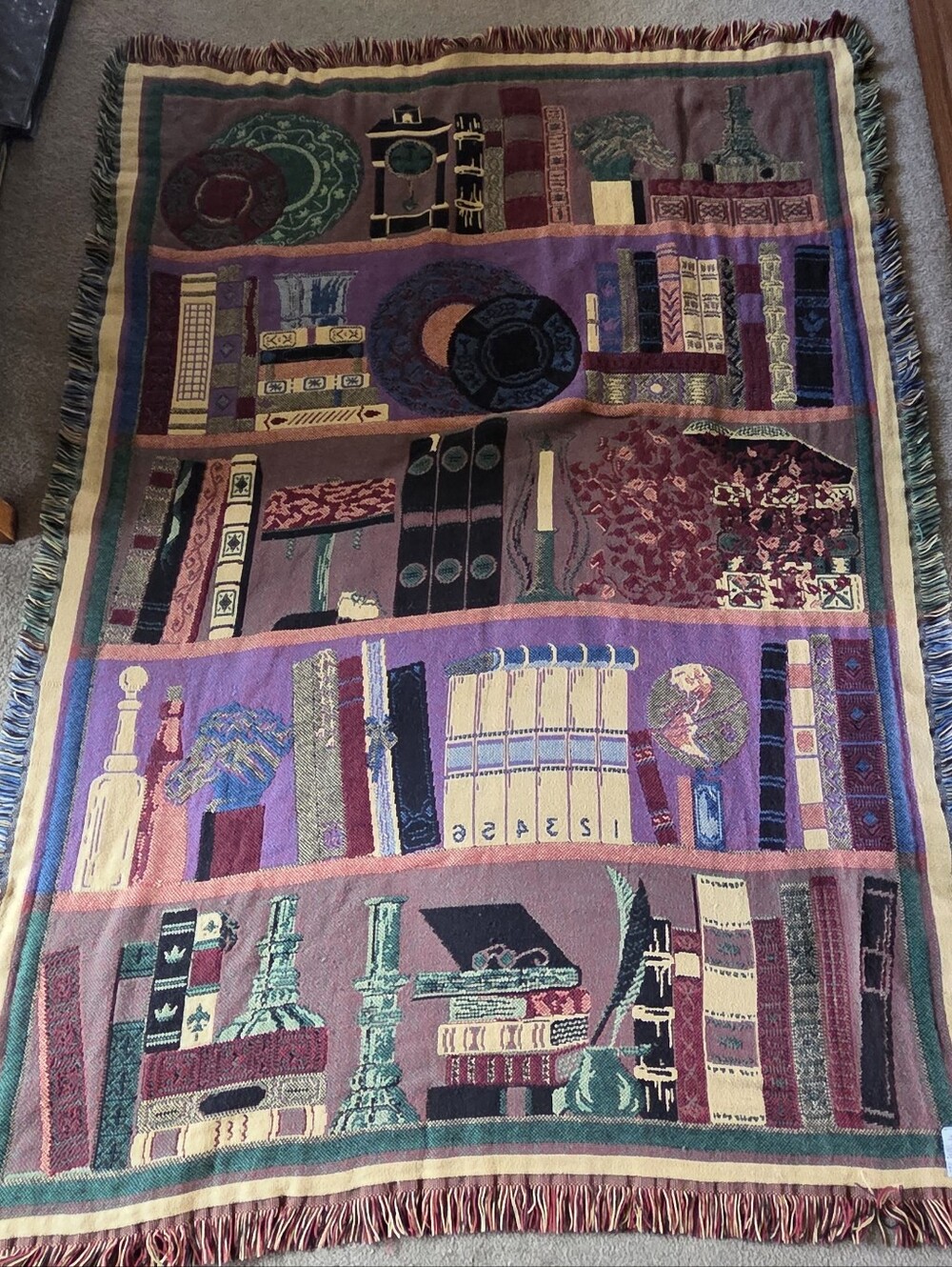 Vtg Goodwin Weavers Cotton Tapestry Fringe Blanket Library Book Shelf Sz 70"x50"